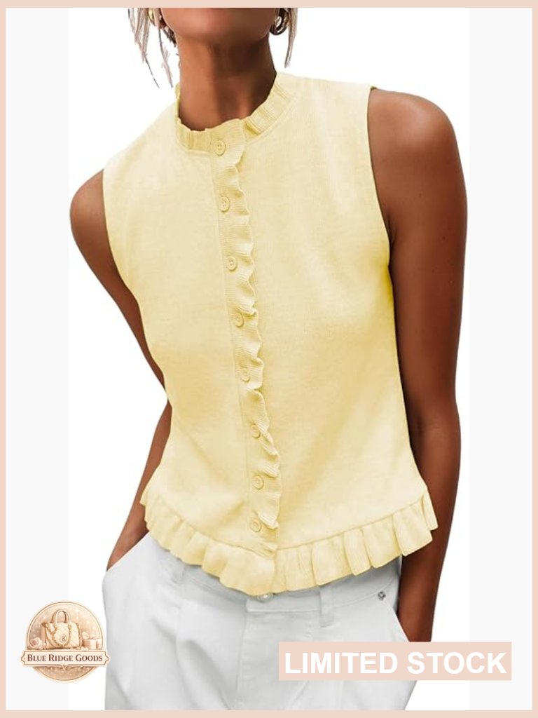 Sleeveless Sweater Vest Mockneck Button Down Ruffle Trim Chic Versatile Top